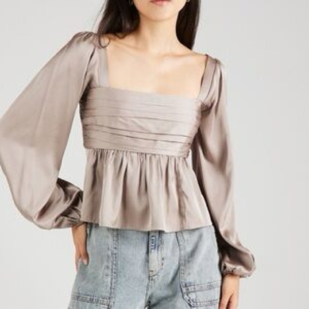 Abercrombie & Fitch Emerson Long Sleeve Satin Babydoll Top - Tan Brown Medium